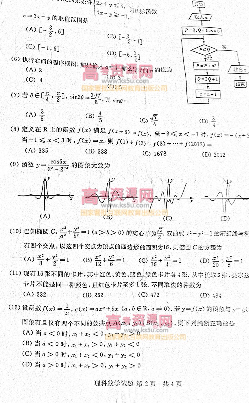 2012年高考理科數學試題(山東卷) 