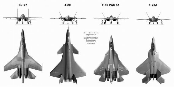 資料圖：殲-20戰(zhàn)機與蘇-27、T-50、F-22A對比圖。